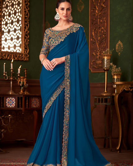 Outstanding Cobalt Blue Embroidered Satin Silk Wedding Saree