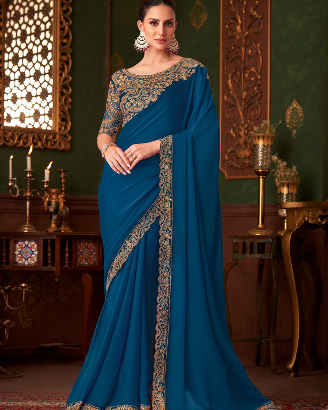 Outstanding Cobalt Blue Embroidered Satin Silk Wedding Saree