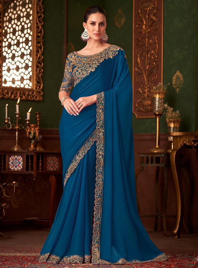 Outstanding Cobalt Blue Embroidered Satin Silk Wedding Saree