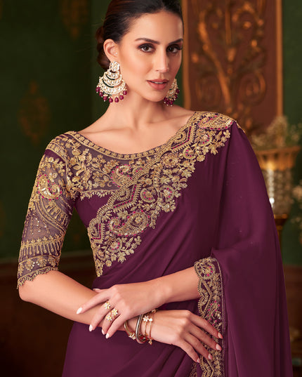 Exquisite Burgundy Embroidered Satin Silk Wedding Saree