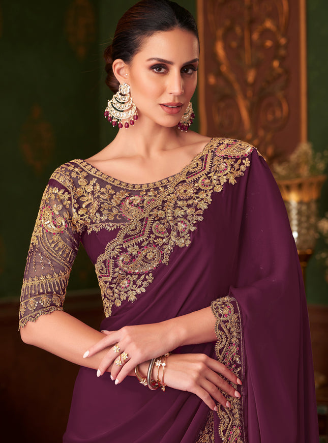 Exquisite Burgundy Embroidered Satin Silk Wedding Saree