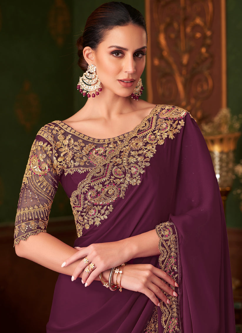 Exquisite Burgundy Embroidered Satin Silk Wedding Saree