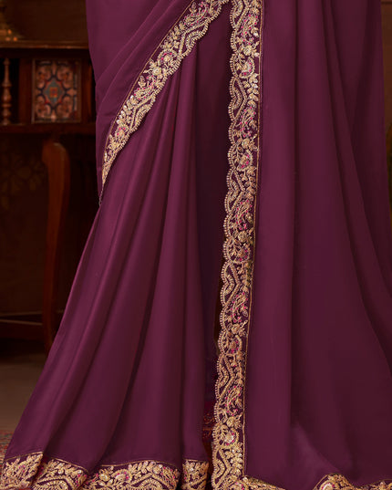 Exquisite Burgundy Embroidered Satin Silk Wedding Saree