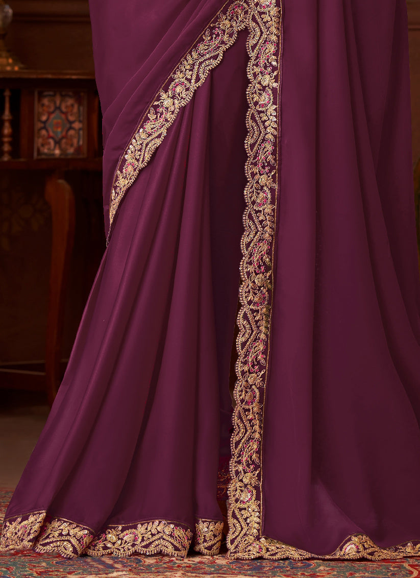 Exquisite Burgundy Embroidered Satin Silk Wedding Saree