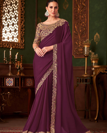 Exquisite Burgundy Embroidered Satin Silk Wedding Saree