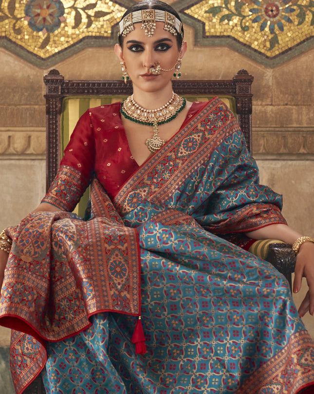 Azure Blue Silk Jacquard Woven Saree