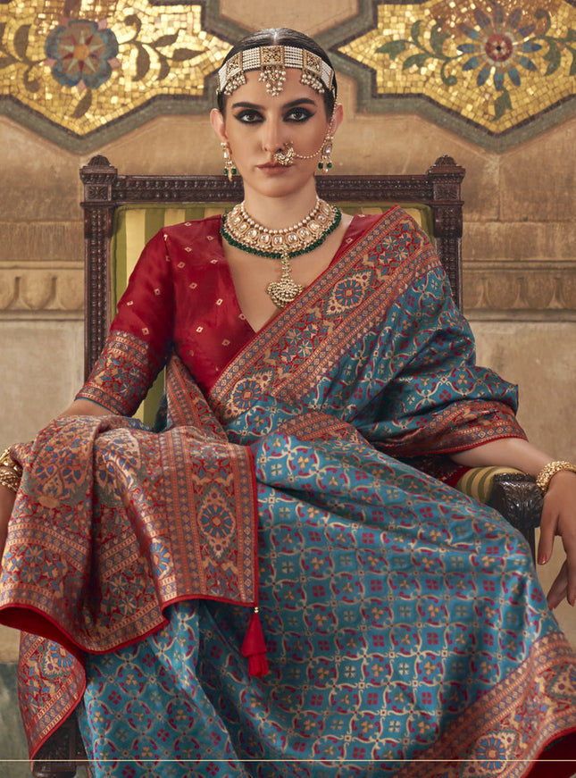 Azure Blue Silk Jacquard Woven Saree