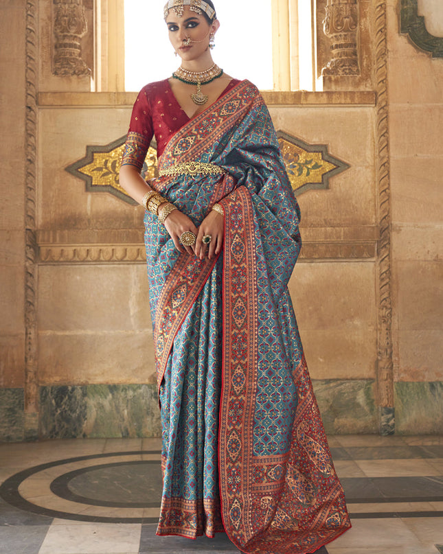 Azure Blue Silk Jacquard Woven Saree