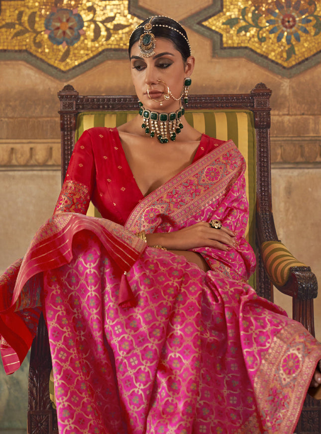 Rani Pink Silk Jacquard Woven Saree