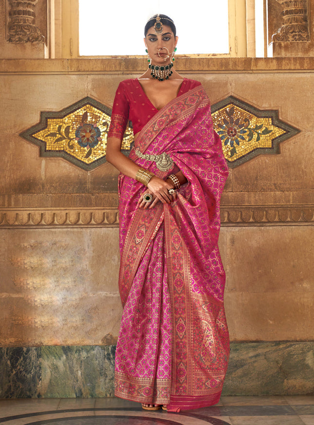 Rani Pink Silk Jacquard Woven Saree