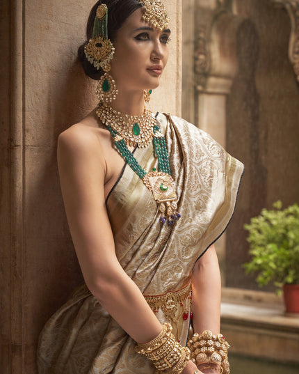 Beige Silk Woven Saree for Festival