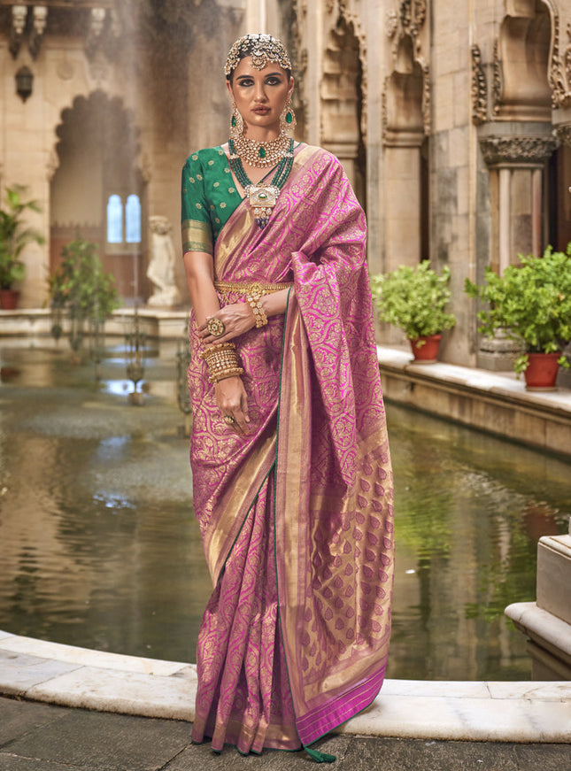 Rani Pink Silk Woven Saree for Festival