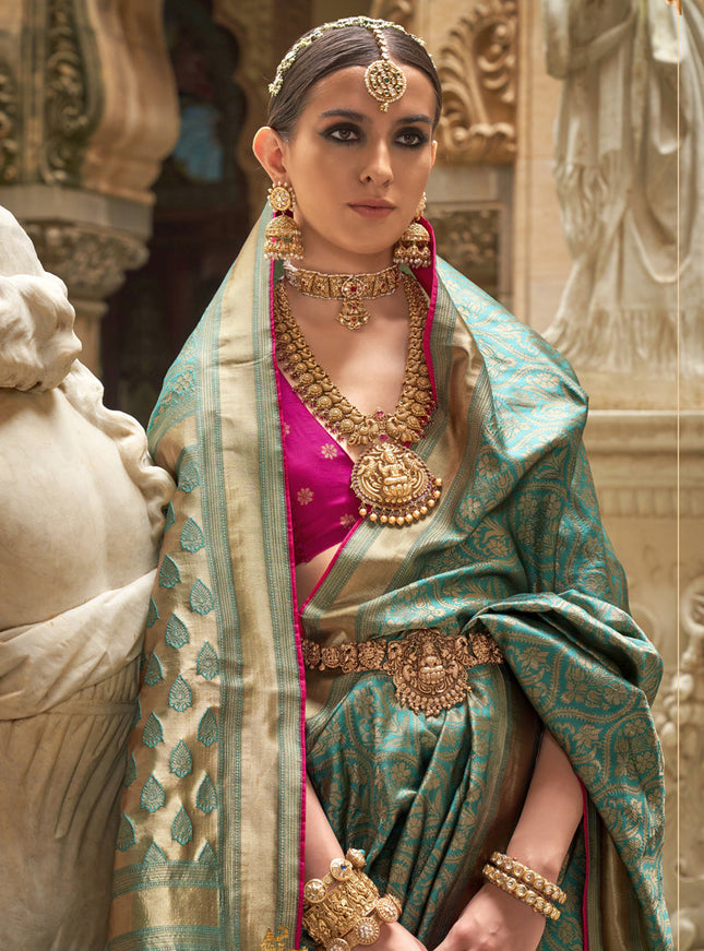 Firozi Silk Woven Saree for Festival