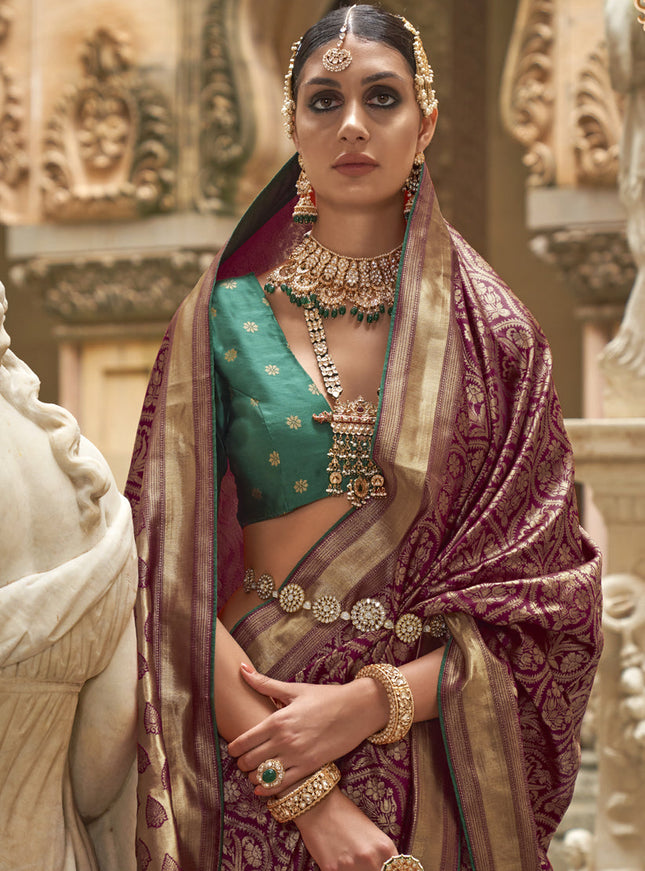 Wine Silk Woven Saree for Festival