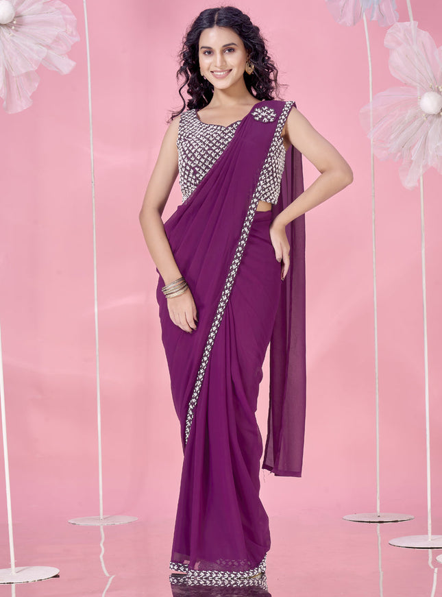 burnt burgundy embellished motif ready to wear saree