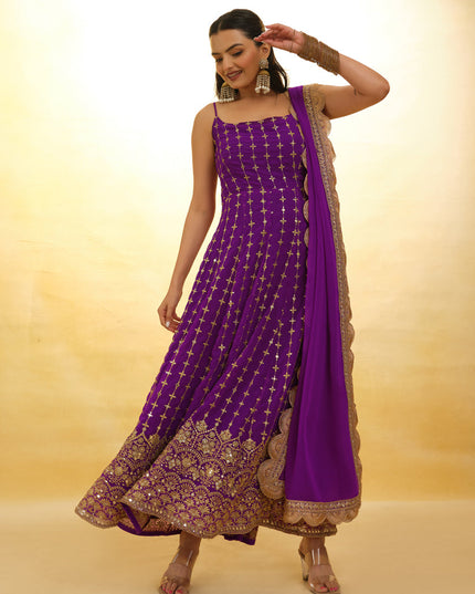 Purple Embroidered Georgette Readymade Anarkali Suit