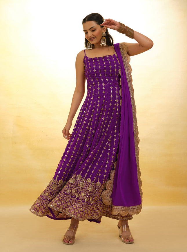 Purple Embroidered Georgette Readymade Anarkali Suit