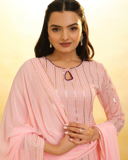 Blush Pink Embroidered Georgette Readymade Palazzo Suit