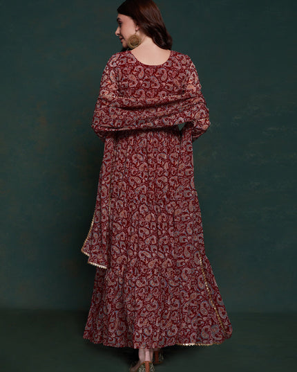 Maroon Organza Floral Print Gown with Dupatta