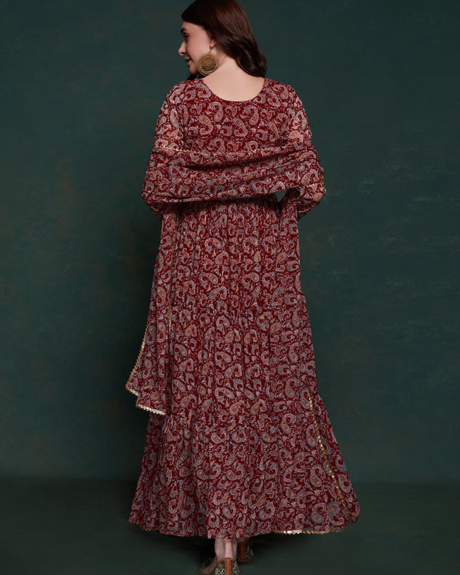 Maroon Organza Floral Print Gown with Dupatta
