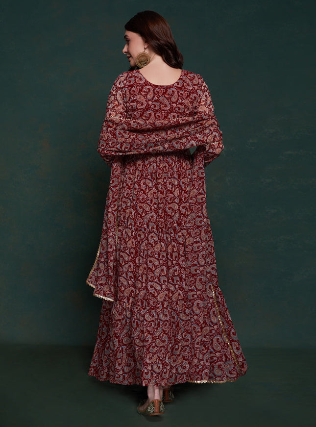 Maroon Organza Floral Print Gown with Dupatta