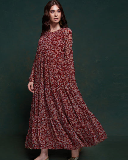 Maroon Organza Floral Print Gown with Dupatta