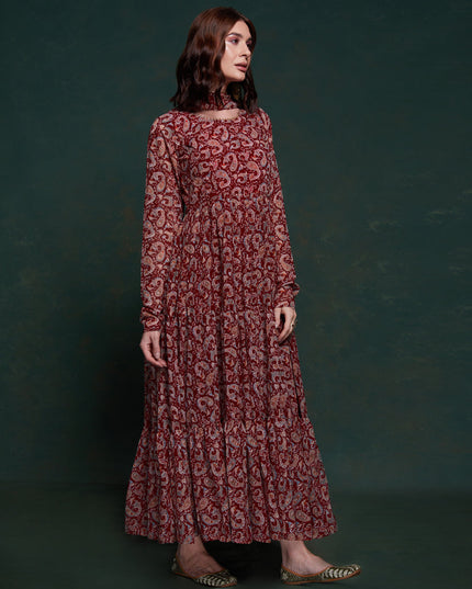 Maroon Organza Floral Print Gown with Dupatta