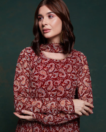 Maroon Organza Floral Print Gown with Dupatta