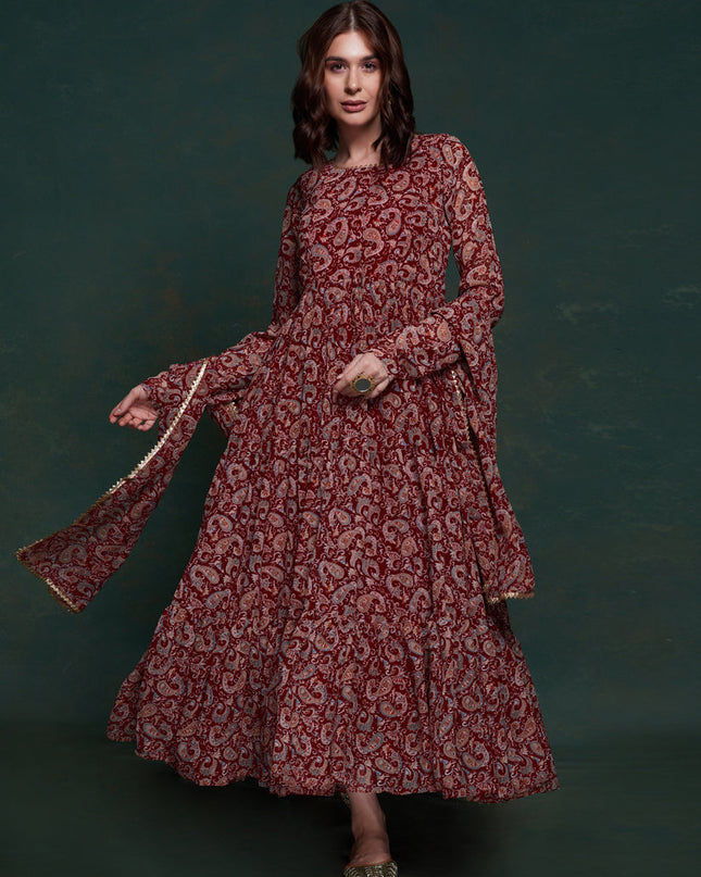 Maroon Organza Floral Print Gown with Dupatta