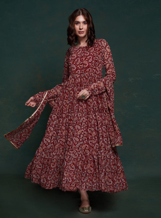 Maroon Organza Floral Print Gown with Dupatta