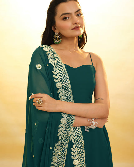 Morpich Embroidered Georgette Readymade Gown with Dupatta