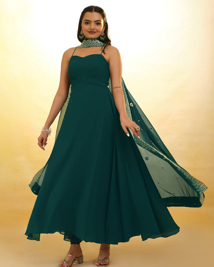 Morpich Embroidered Georgette Readymade Gown with Dupatta