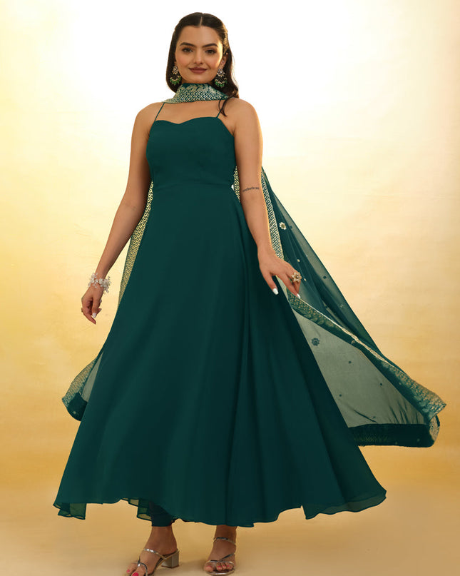 Morpich Embroidered Georgette Readymade Gown with Dupatta