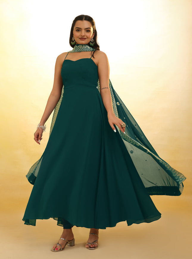 Morpich Embroidered Georgette Readymade Gown with Dupatta