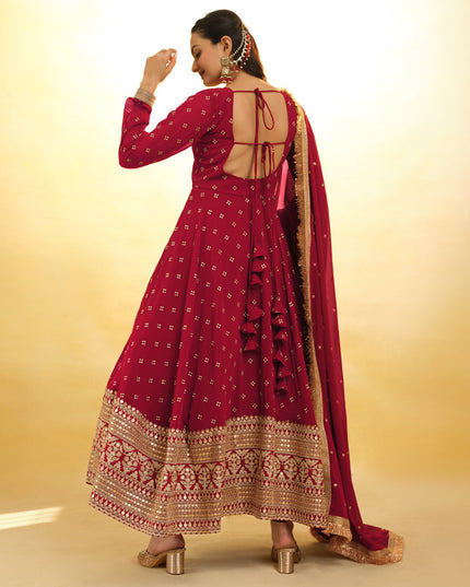Berry Red Embroidered Georgette Readymade Anarkali Suit