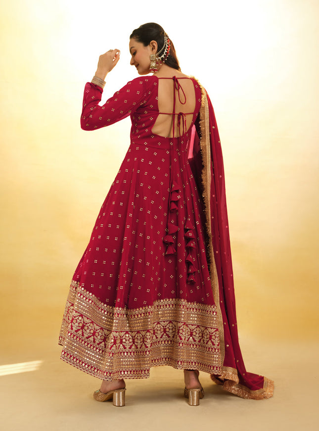 Berry Red Embroidered Georgette Readymade Anarkali Suit