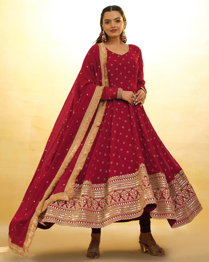 Berry Red Embroidered Georgette Readymade Anarkali Suit
