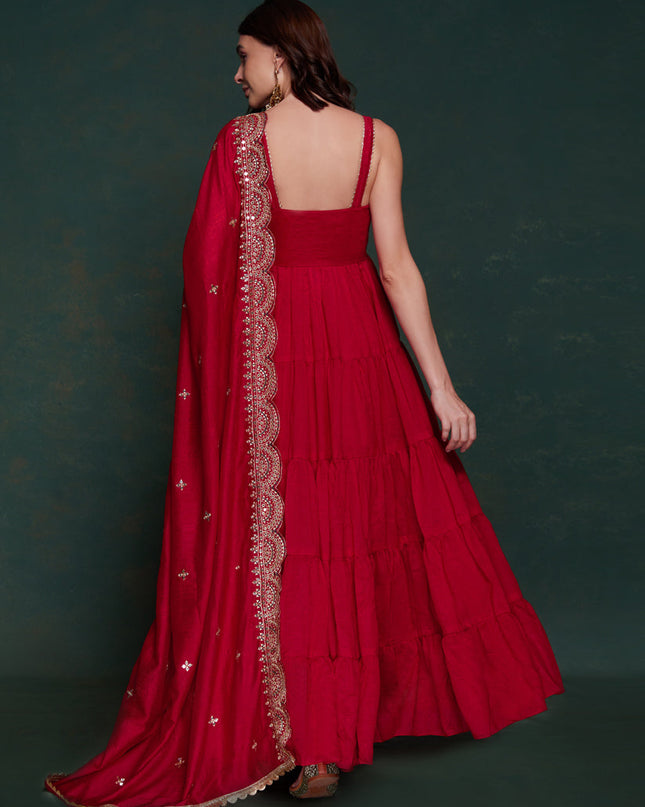 Cherry Red Georgette Gown with Dupatta