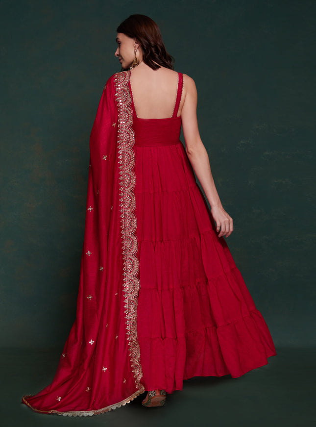 Cherry Red Georgette Gown with Dupatta