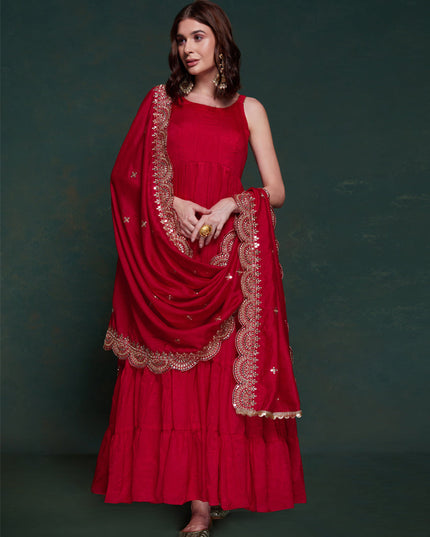 Cherry Red Georgette Gown with Dupatta