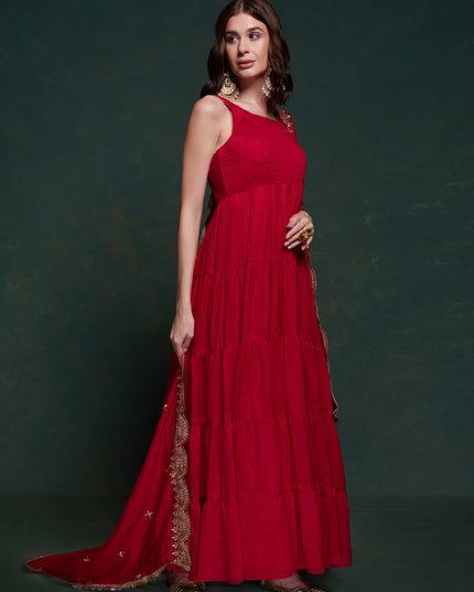 Cherry Red Georgette Gown with Dupatta