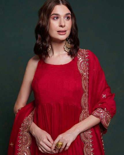 Cherry Red Georgette Gown with Dupatta