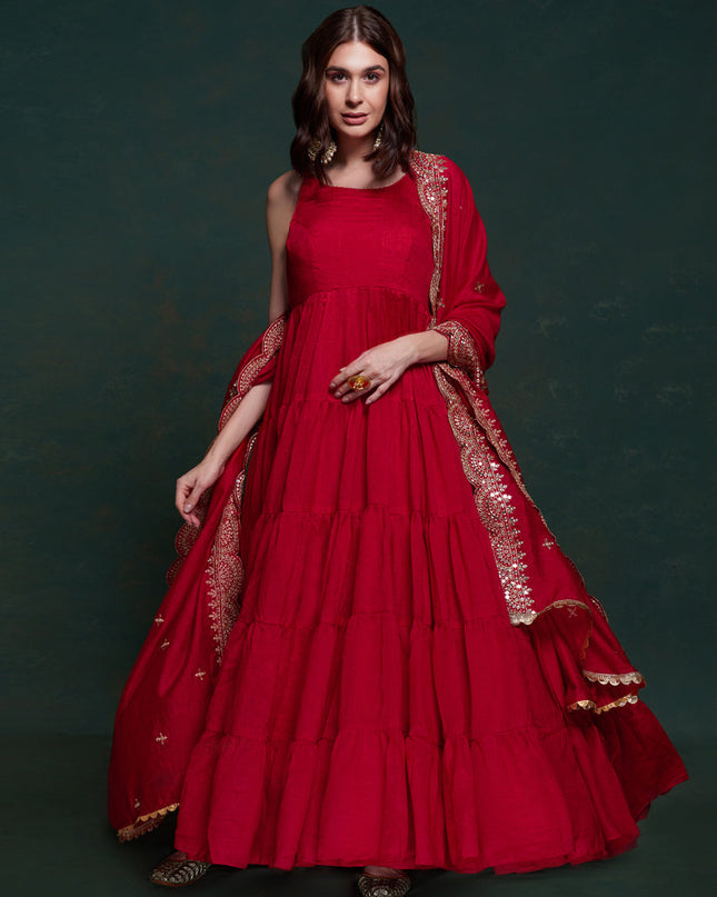 Cherry Red Georgette Gown with Dupatta
