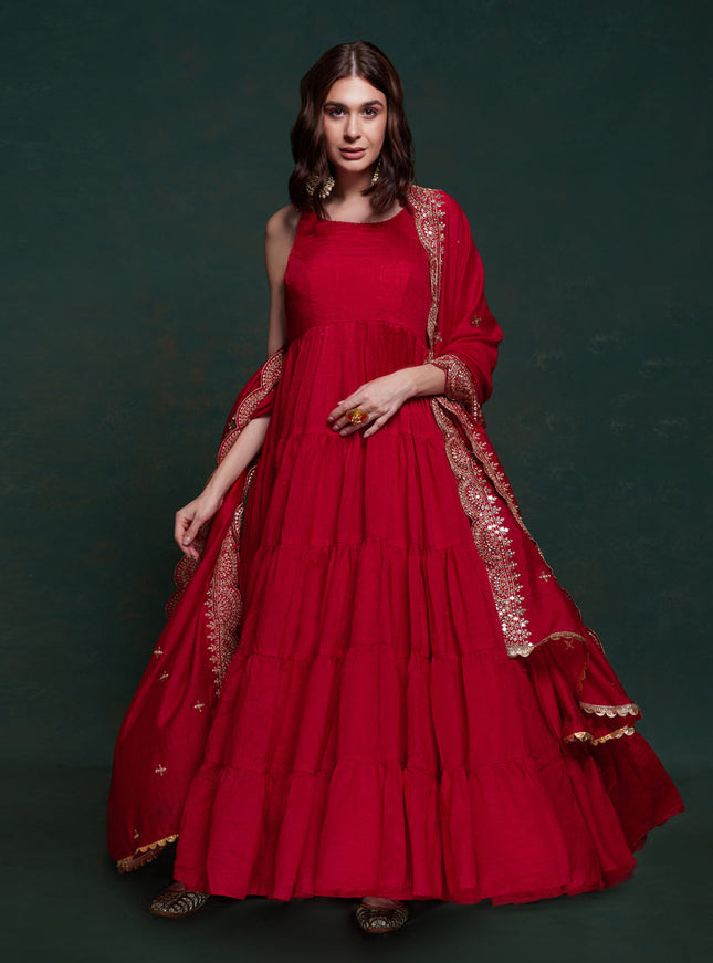 Cherry Red Georgette Gown with Dupatta