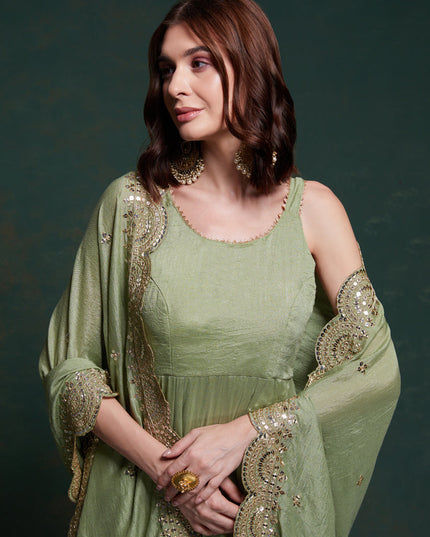 Sage Green Georgette Gown with Dupatta
