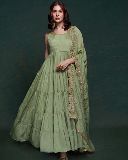 Sage Green Georgette Gown with Dupatta