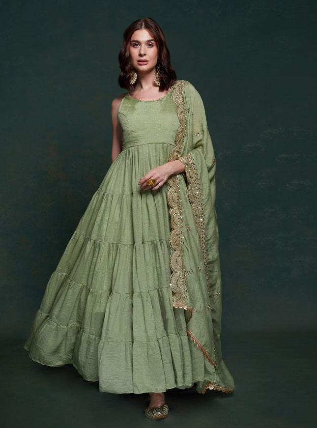 Sage Green Georgette Gown with Dupatta