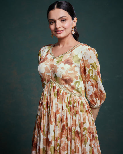 Cream Georgette Readymade Gown