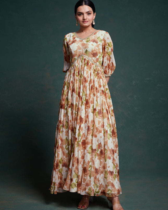 Cream Georgette Readymade Gown