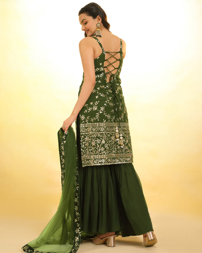 Olive Green Embroidered Georgette Readymade Sharara Kameez